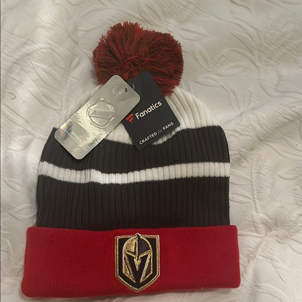Fanatics Brand New VGK Red and Gray Striped Beanie with Pom